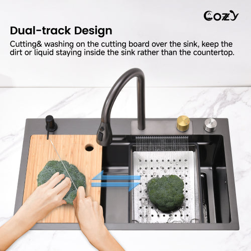 Waterfall Kitchen Sink, Stainless Steel Single Bowl in Black, Multifunctional Workstation with Flying-rain Faucet and Cutting Board, 30×22″ Stainless Steel Single Bowl Sink, SSBL12