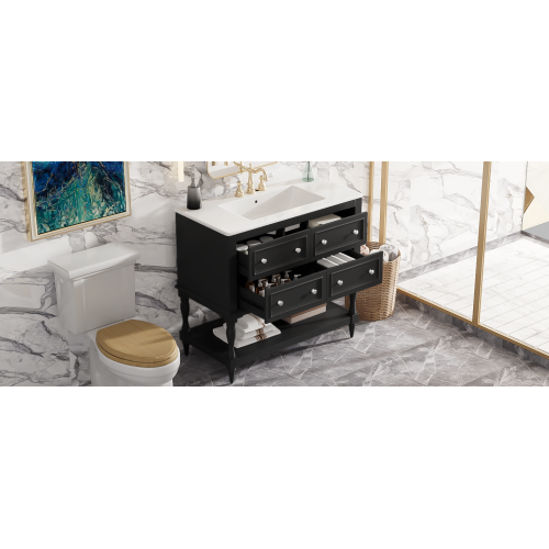 36" Bathroom Vanity Cabinet with Sink Combo Set, Undermount Ceramic Sink, Free Standing Vanity Set with 4 Drawers, Solid Wood Frame Bathroom Cabinet, Black