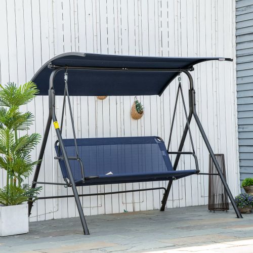 Outsunny 3-Person Porch Swing Bench with Stand & Adjustable Canopy, Armrests, Steel Frame for Outdoor, Garden, Patio, Porch & Poolside, Dark Blue