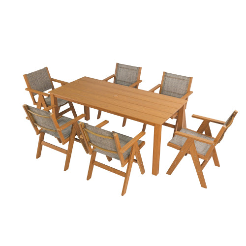 A wooden-textured imitation wood dining table, simple yet with a high quality feel. It has a small tabletop and is perfect for outdoor picnics. It is made of teak wood, measuring 68.9 inches.