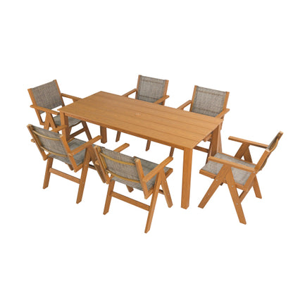 A wooden-textured imitation wood dining table, simple yet with a high quality feel. It has a small tabletop and is perfect for outdoor picnics. It is made of teak wood, measuring 68.9 inches.