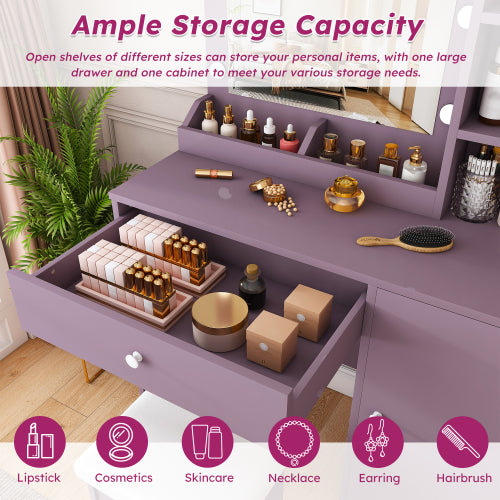 Purple Vanity Desk Set with Padded Stool & Adjustable Lighted Mirror, 8 Round Bulbs, 3 Color Modes, Modern Bedroom