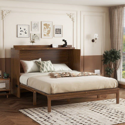 Queen Murphy Cabinet Bed with Charging Station Drawer and Rattan Panels Walnut