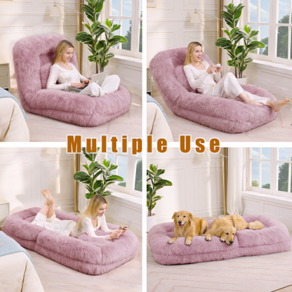 Pink Plush Faux-Fur Human Dog Bed 5-Position Adjustable Convertible Floor Gaming Sofa-Bed