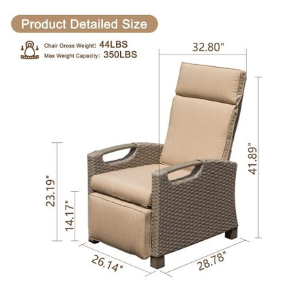 Outdoor Recliner Chair, Patio Recliner with Hand-Woven Wicker, Flip Table Push Back, Adjustable Angle, Thickness Cushions, Reclining Lounge Chair for Indoor and Outdoor, Beige
