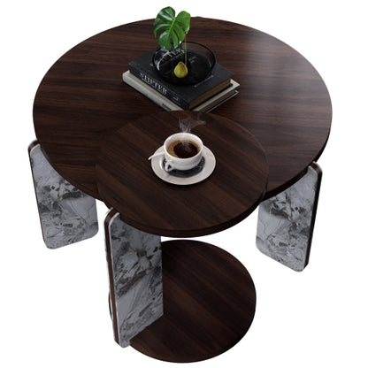 2-Piece Nesting Coffee Table Set, Walnut Veneer MDF Top with Sintered Stone Legs & Base