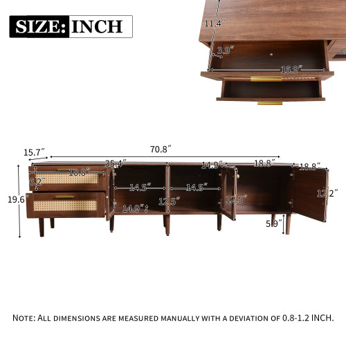 Rattan TV Stand with Drawers Glass Doors and LED Lights for 80 Inch TVs