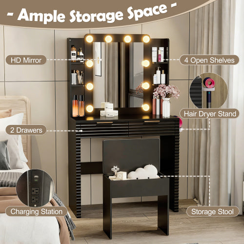Makeup Vanity Desk with 10 Hollywood Bulbs, Fluted Dressing Table with Charging Station, 2 Drawers and 4 Open Shelves, Hairdryer Holder, Padded Stool with Storage , Black