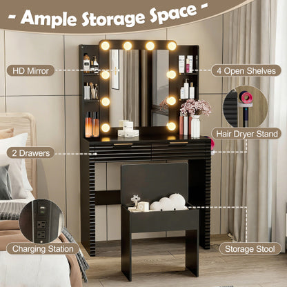 Makeup Vanity Desk with 10 Hollywood Bulbs, Fluted Dressing Table with Charging Station, 2 Drawers and 4 Open Shelves, Hairdryer Holder, Padded Stool with Storage , Black