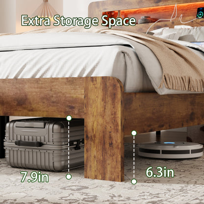 Bed Frame King Size, Wood Platform Bed Frame with Storage LED Light Headboard and 2 USB , Noise Free,No Box Spring Needed and Easy Assembly Tool,Large Under Bed Storage,Dark Brown