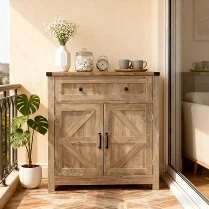 Light Gray-Washed Wood Farmhouse Barn-Door Storage Cabinet, Coffee Bar Buffet Sideboard with Drawer for Kitchen & Living Room