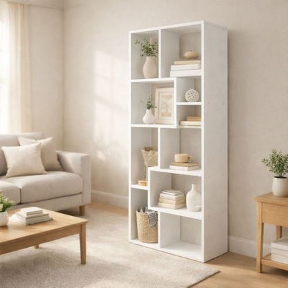 White 5-Tier Asymmetrical Staggered Display Bookshelf, Modern Geometric Space-Saving Home Storage Rack
