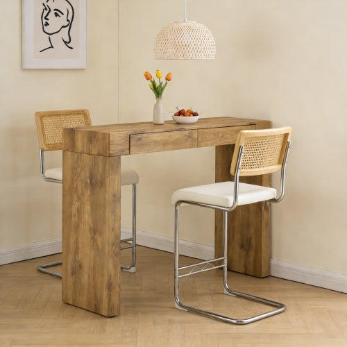 2-piece set of PU leather bar chair combination, paired with wood grain bar table, with storage function, suitable for restaurants and cafes