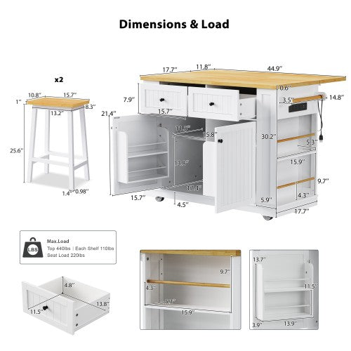 48inch Kitchen Island with 2 Bar Stools, Power Outlet, Door Internal Storage Rack, Kitchen Storage Cart on 5 Wheels with Drop Leaf, 5 Side Racks, 2 Drawers,White