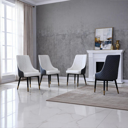 Modern PU Leather Dining Chairs Set of 2, Ergonomic High Back Chairs with Carbon Steel Legs, Blue White