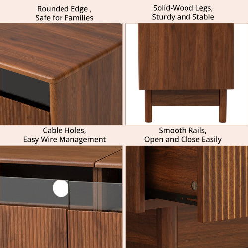 78.7 inch Walnut Fluted Glass Drawer TV Stand Solid Wood Leg Media Console Up To 85 inch TV