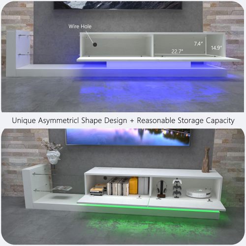 70 Inch White Modern LED TV Stand with Power Outlet Tempered Glass Entertainment Center for 75 Inch TV
