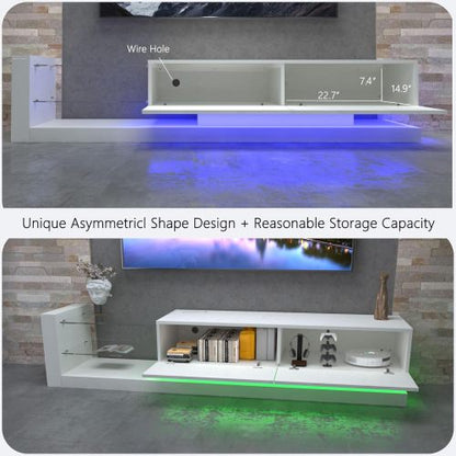 70 Inch White Modern LED TV Stand with Power Outlet Tempered Glass Entertainment Center for 75 Inch TV