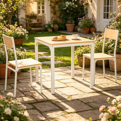 3-Piece White Modern Dining Set, Square MDF & Steel Table and 2 Chairs for Apartments