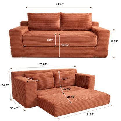 Orange Memory-Foam Convertible Compression Loveseat Sofa-Bed Corduroy No-Assembly Couch for Small Apartment