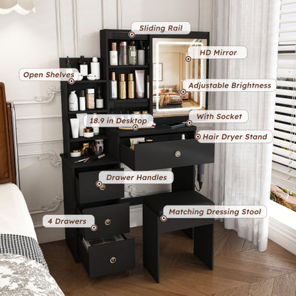 Contemporary Black Vanity Desk with LED Mirror, 4 Drawers & Open Storage, Outlet & Dryer Holder, Includes Dressing Chair