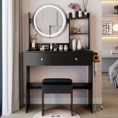 17inch  Round LED Mirror Vanity Table+Cushioned Stool, Equipped With 2 AC+2 USB Power Socket, Big Mirror, Touch Switch, 3 Colors, Adjustable Brightness, Large Desktop, Multi-layer High Capacity Storage