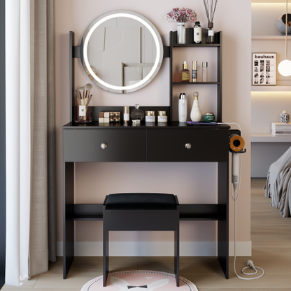17inch  Round LED Mirror Vanity Table+Cushioned Stool, Equipped With 2 AC+2 USB Power Socket, Big Mirror, Touch Switch, 3 Colors, Adjustable Brightness, Large Desktop, Multi-layer High Capacity Storage