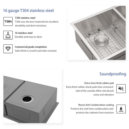 33x19x9 inch Undermount Double Bowl Kitchen Sink (50/50) in 16 Gauge Stainless Steel with 9 Inch Deep basin