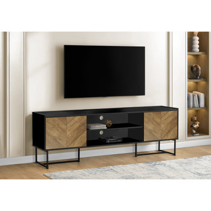72 Inch Brown Black V-Groove TV Stand with Push Latch Cabinets & Black Metal Frame