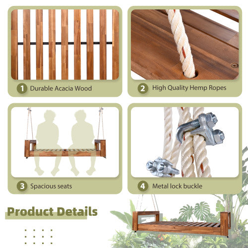 Twin Size Porch Swing Bed Seating Group, Patio Acacia Wood Swing Frame with Hemp Ropes for Garden, Backyard, Natural