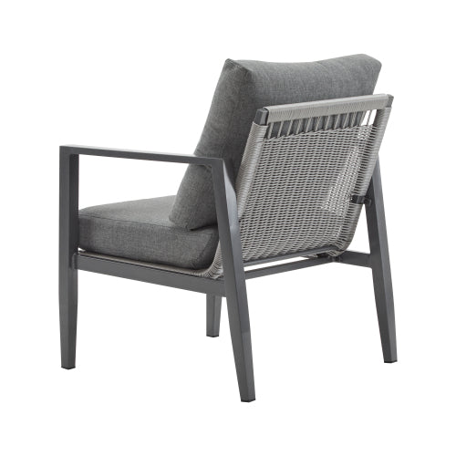 Gray Aluminum Lounge Chair with Sleek Rope Accents and Comfortable Cushions, Perfect for Modern Outdoor and Indoor Spaces
