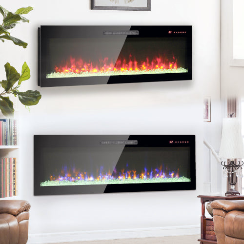 50 inch recessed ultra thin tempered glass front wall mounted electric fireplace with remote and multi color flame & emberbed, LED light heater