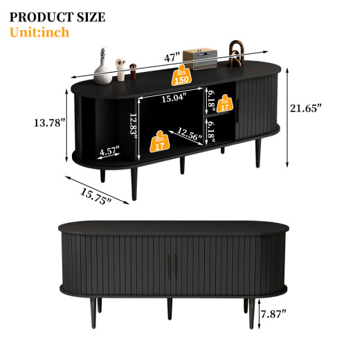 47 Inch Black Mid-Century TV Stand Sliding Fluted Door MDF Media Console with Metal Legs