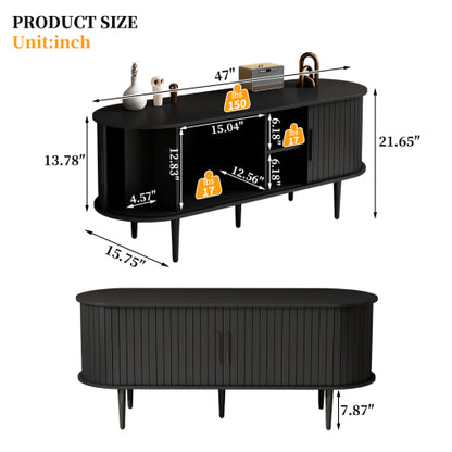 47 Inch Black Mid-Century TV Stand Sliding Fluted Door MDF Media Console with Metal Legs