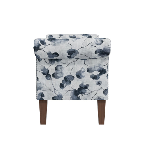 Traditional Rolled Arm Storage Bench Ottoman with Pewter Nailhead Trim in Black Floral with Dark Brown Solid Wood Legs
