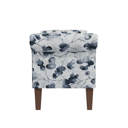 Traditional Rolled Arm Storage Bench Ottoman with Pewter Nailhead Trim in Black Floral with Dark Brown Solid Wood Legs