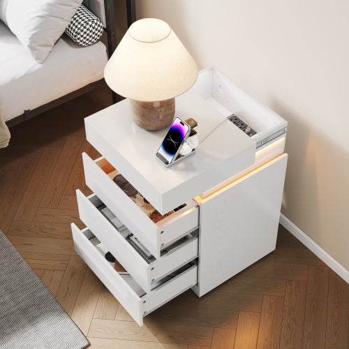 White Sliding-Top Nightstand with Charging Station & RGB LED Light, 3-Drawer APP Control Bedside Table