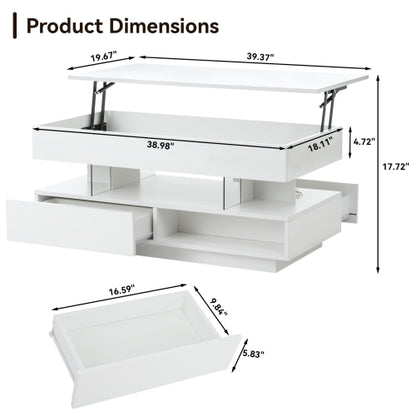 39.3inch  Lift Top Coffee Table with LED Lights, White
