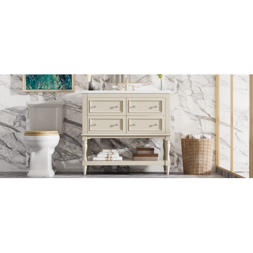 36" Bathroom Vanity Cabinet with Sink Combo Set, Undermount Ceramic Sink, Free Standing Vanity Set with 4 Drawers, Solid Wood Frame Bathroom Cabinet, Beige