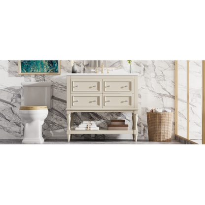 36" Bathroom Vanity Cabinet with Sink Combo Set, Undermount Ceramic Sink, Free Standing Vanity Set with 4 Drawers, Solid Wood Frame Bathroom Cabinet, Beige