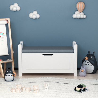 Kids Toy Box Chest, White Toy Box for Boys Girls, Large Storage Cabinet with Cushion Seat Bench/Flip-Top Lid/Safety Hinge, Toy Storage Organizer Trunk for Nursery, Playroom