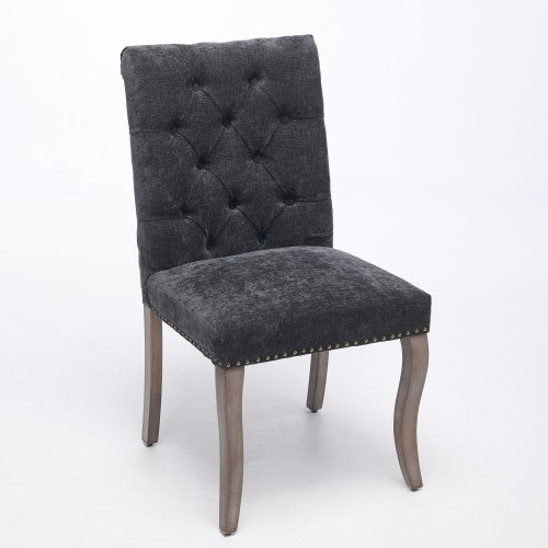 Upholstered Chenille Dining Chair Set of 2, Tufted Accent Chair with Curved Solid Wood Legs, Black