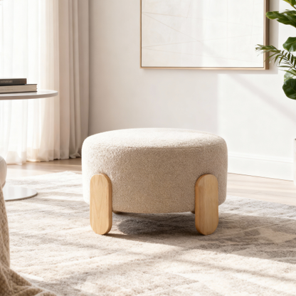 24.8 inch Round Soft Fabric Ottoman, Natural Wood Leg Multifunctional Footrest Extra Seat for Home Office