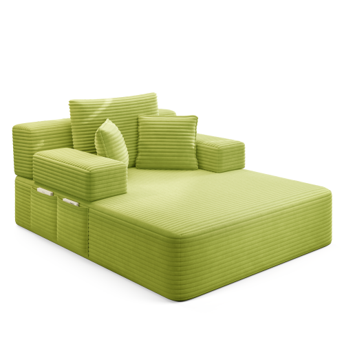 Green Oversized Plush Corduroy Chaise Lounge Convertible Sleeper Sofa-Bed w/Storage Pockets & 3 Pillows