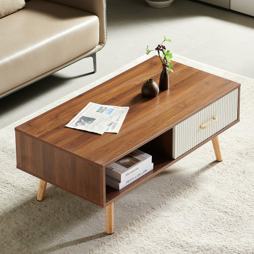 40.94inch  Rectangle Coffee Table with Drawer, Walnut Solid Wood Leg Table, 220lbs Load