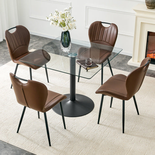 5-Piece Square Glass Dining Set, Single-Column Metal Table & 4 Brown PU Handle Chairs