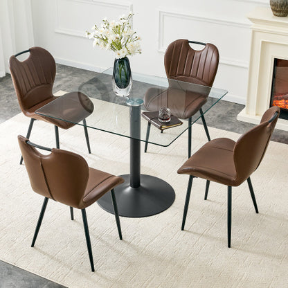5-Piece Square Glass Dining Set, Single-Column Metal Table & 4 Brown PU Handle Chairs