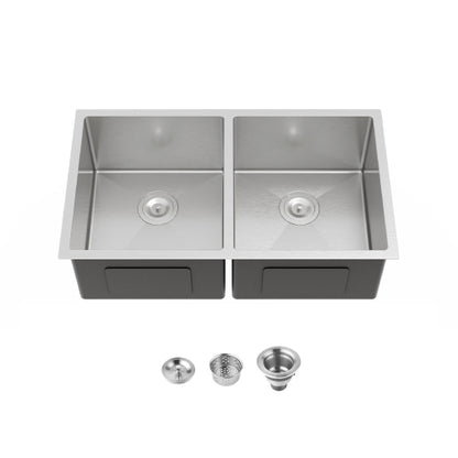 33"x19" Embedded Double Bowl Kitchen Sink, Undermount Handmade Sink in Brushed (Sink only)