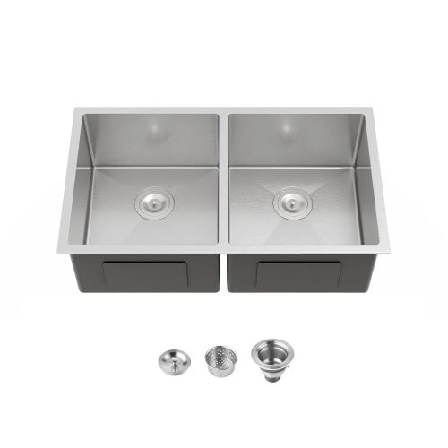 33"x19" Embedded Double Bowl Kitchen Sink, Undermount Handmade Sink in Brushed (Sink only)