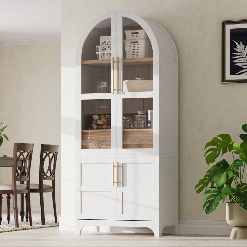 71inch  Arched Kitchen Pantry Cabinet with Glass Doors White